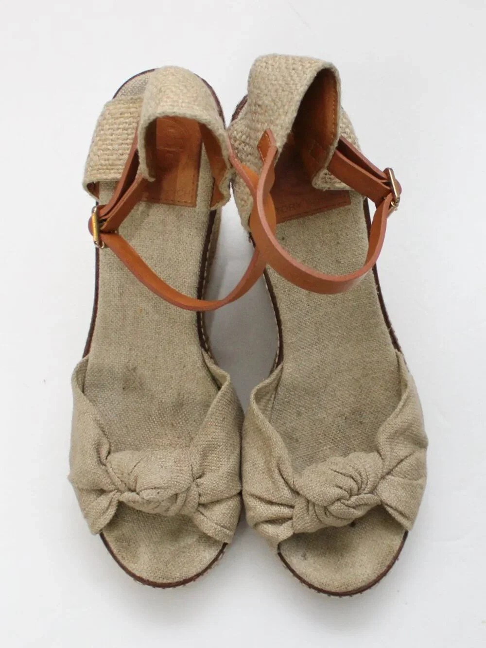 TORY BURCH Natural Linen Canvas Peep Toe Wedge Platform Espadrille Heels Tan 8.5